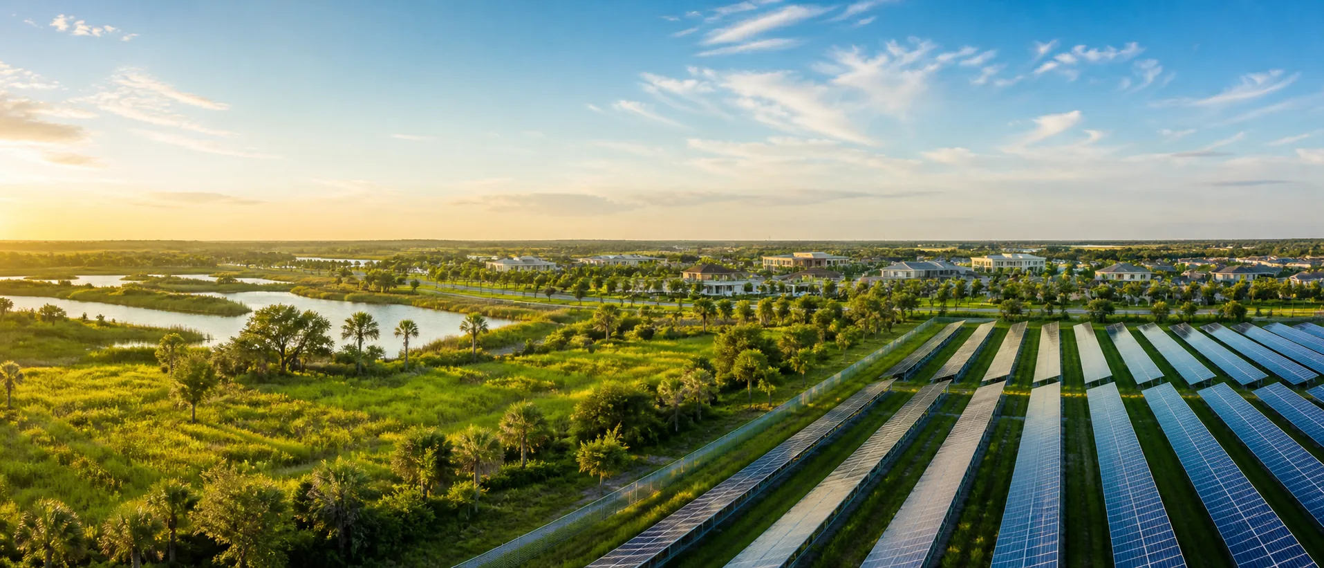 Babcock Ranch at sunrise, seen from the air: rows of solar panels running to the horizon on the
                right, the town's houses and tree-lined streets beyond them, and wetland, lakes and palms on the
                left.