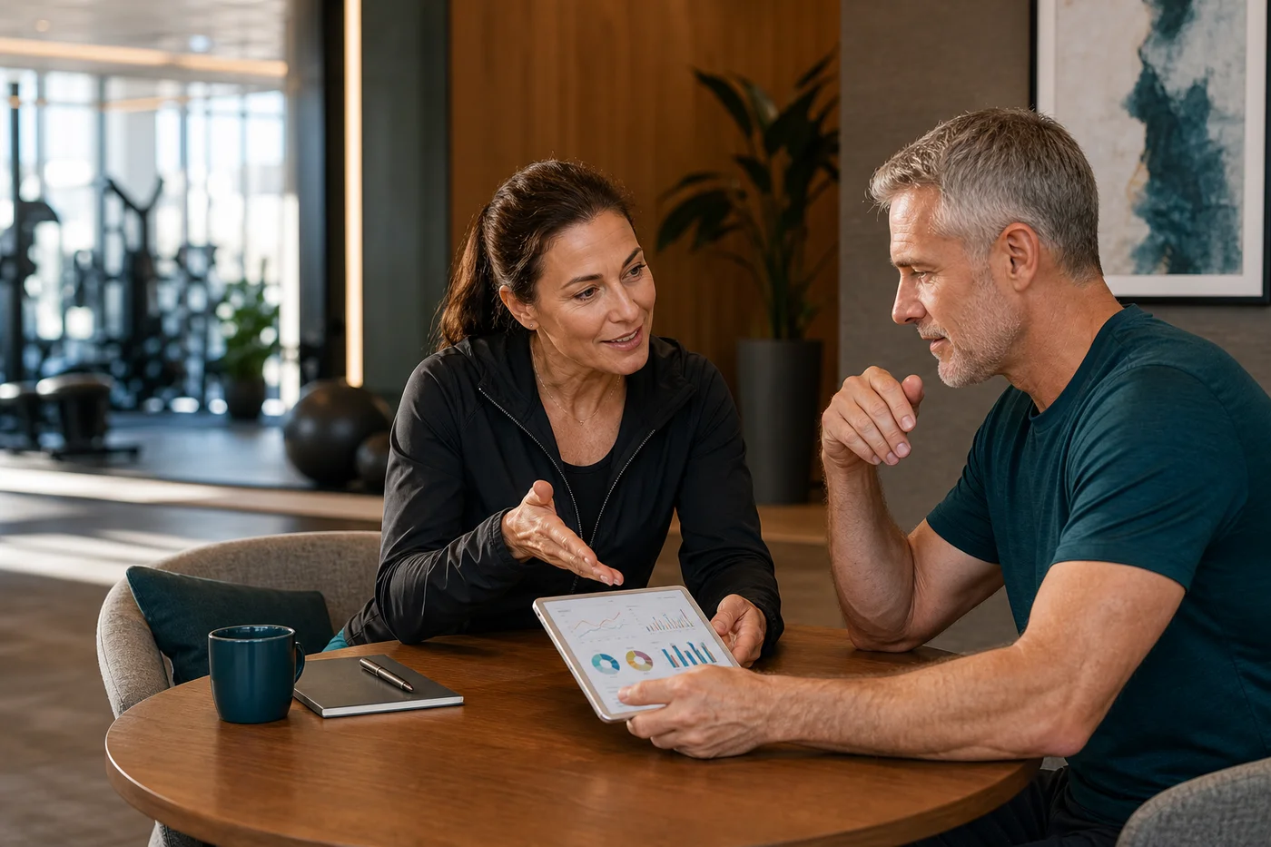 A coach and a member sitting together at a table, looking at a tablet showing charts from a
                  blood panel, gym equipment visible in the background.