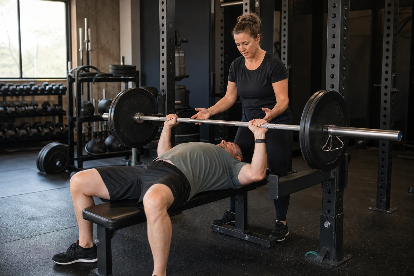A coach spotting a member on a barbell bench press, hands on the bar, in a gym with a dumbbell
                  rack and power rack visible behind them.