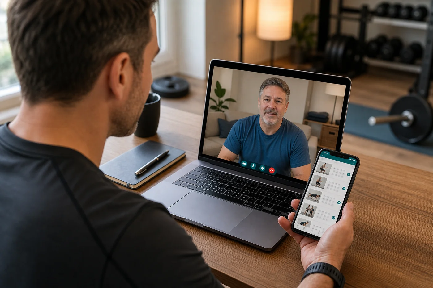 A member on a laptop video call with a coach, checking a written workout programme on his phone,
                  home gym equipment visible in the background.