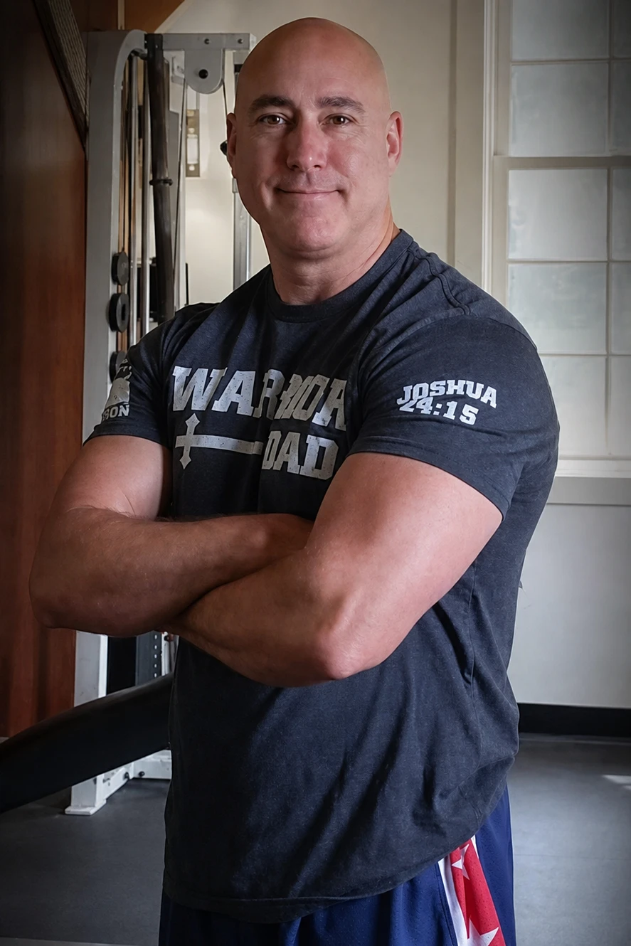 Michael Quarto, Q Fitness founder, arms crossed in front of gym equipment.