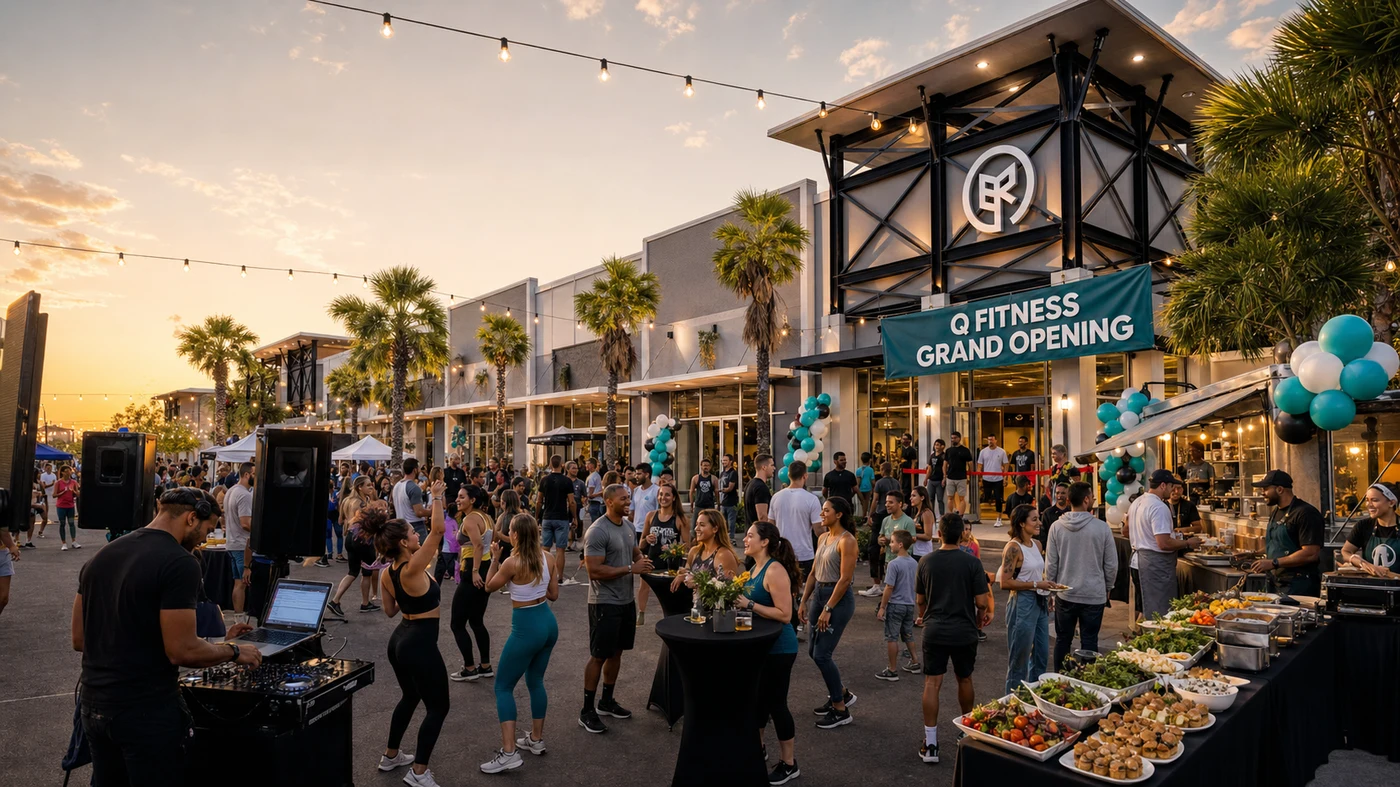 Concept image of a Grand Opening celebration outside a storefront: a Q Fitness Grand Opening
                    banner, string lights, balloons, a DJ, a food spread, and a crowd of people at dusk.