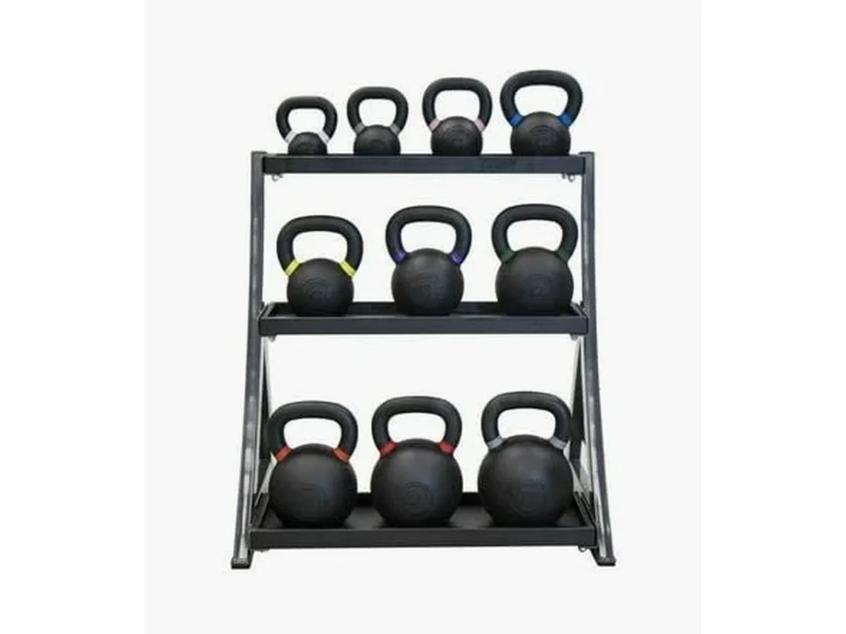 Manufacturer reference photo of a three-tier kettlebell rack loaded with a full set of kettlebells.