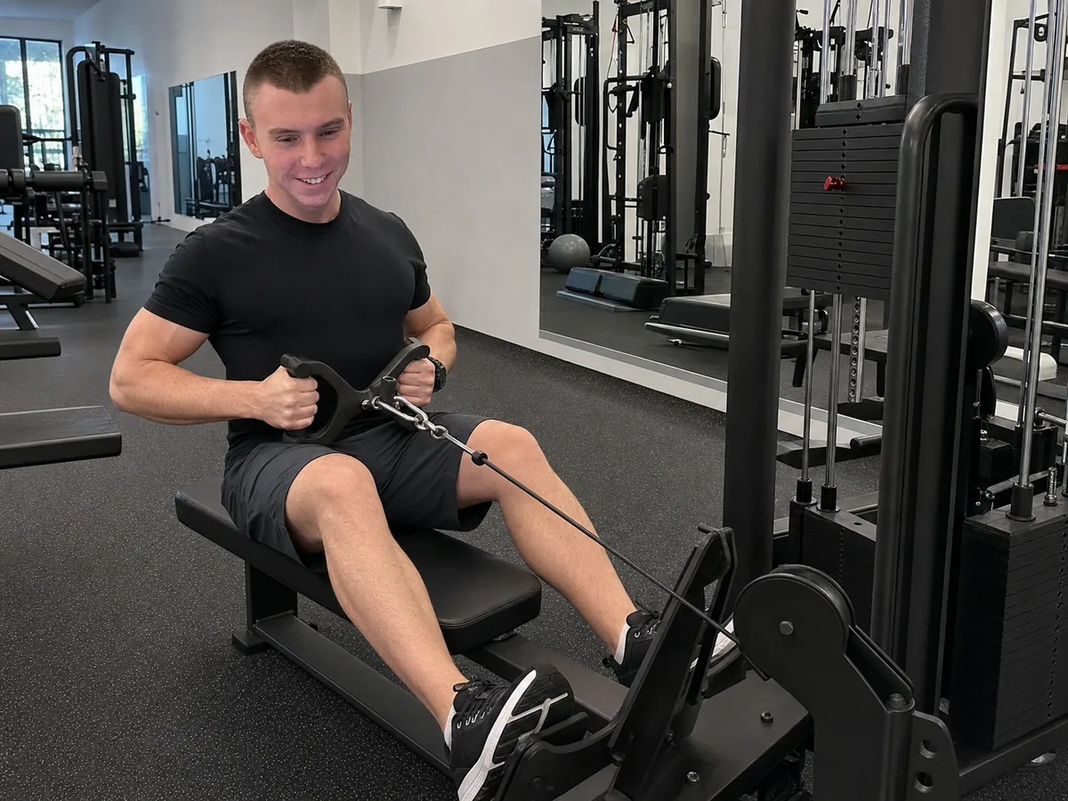 A member training on a cable row machine at Mike's current gym.