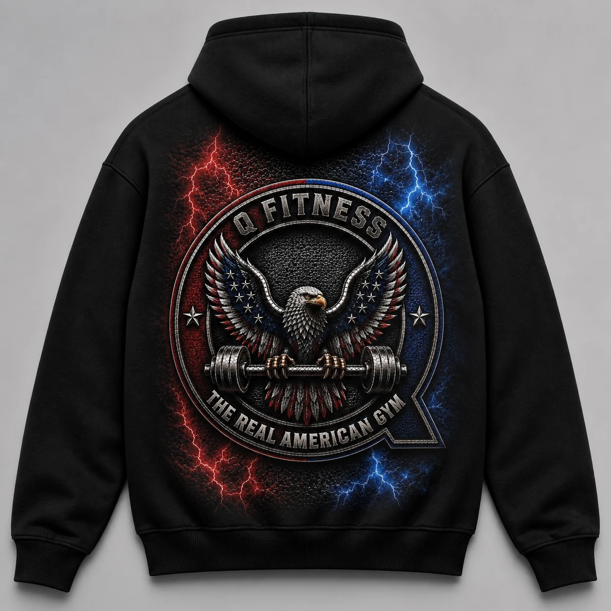 Black Q Fitness hoodie, back print: the eagle-and-barbell Q badge on a red and blue lightning
                    background.