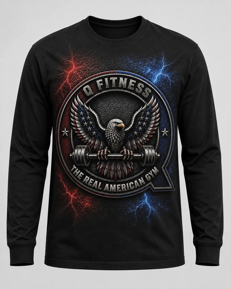 Black Q Fitness long sleeve shirt, front print: the eagle-and-barbell Q badge on a red and
                    blue lightning background.
