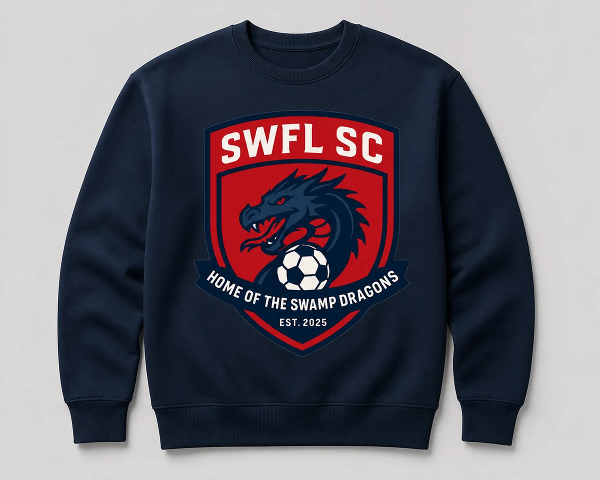 Navy sweatshirt with the SWFL SC shield: a dragon's head over a soccer ball, banner reading
                    Home of the Swamp Dragons, Est. 2025.