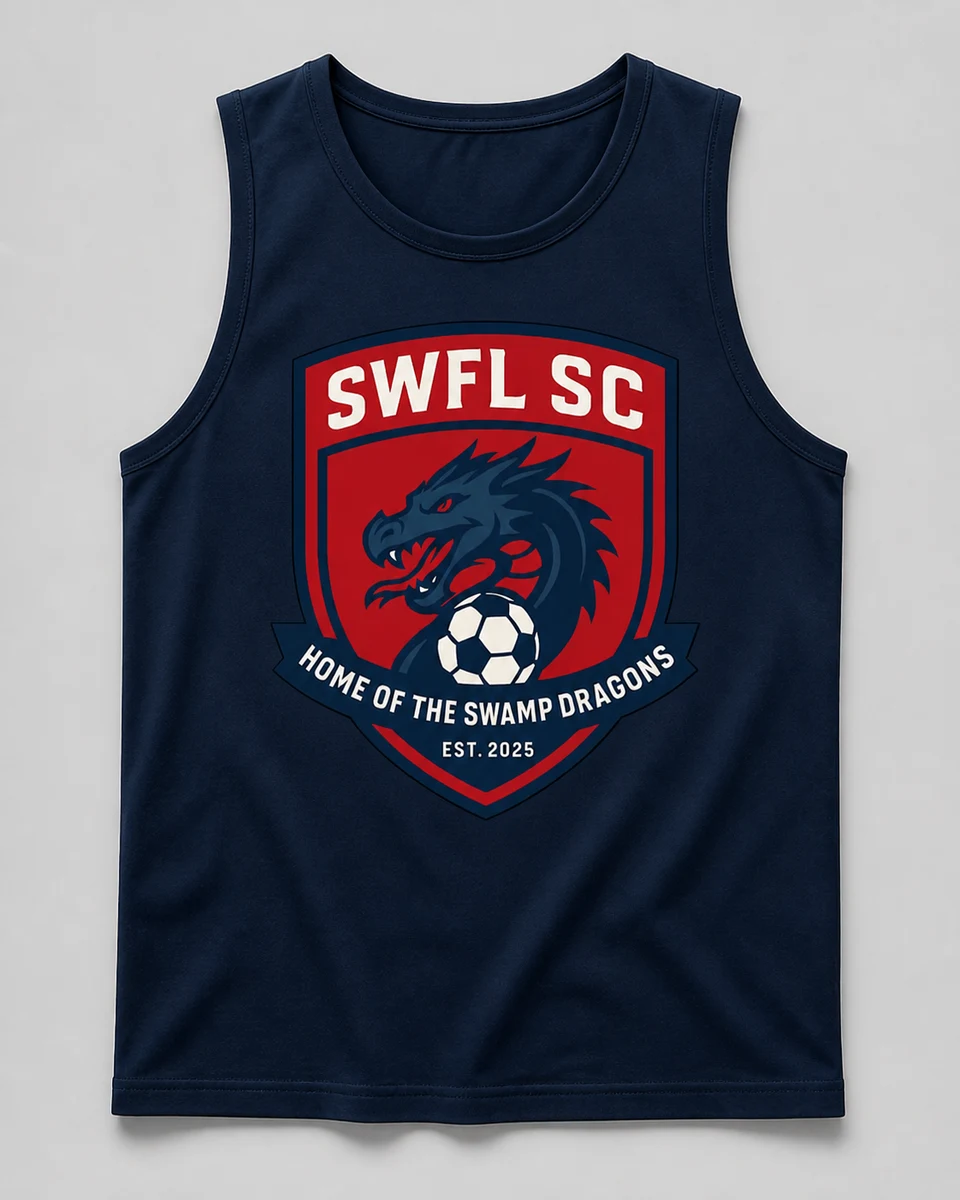 Navy tank top with the SWFL SC shield: a dragon's head over a soccer ball, banner reading Home
                    of the Swamp Dragons, Est. 2025.