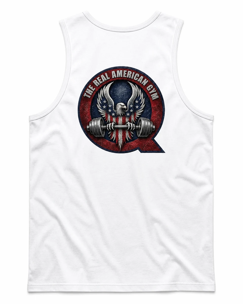 White Q Fitness tank top, back print: the eagle-and-barbell Q badge with 'The Real American
                    Gym' arched above it.