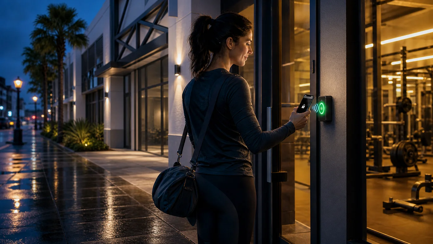 Representative stock photo of secure gym entry at night.