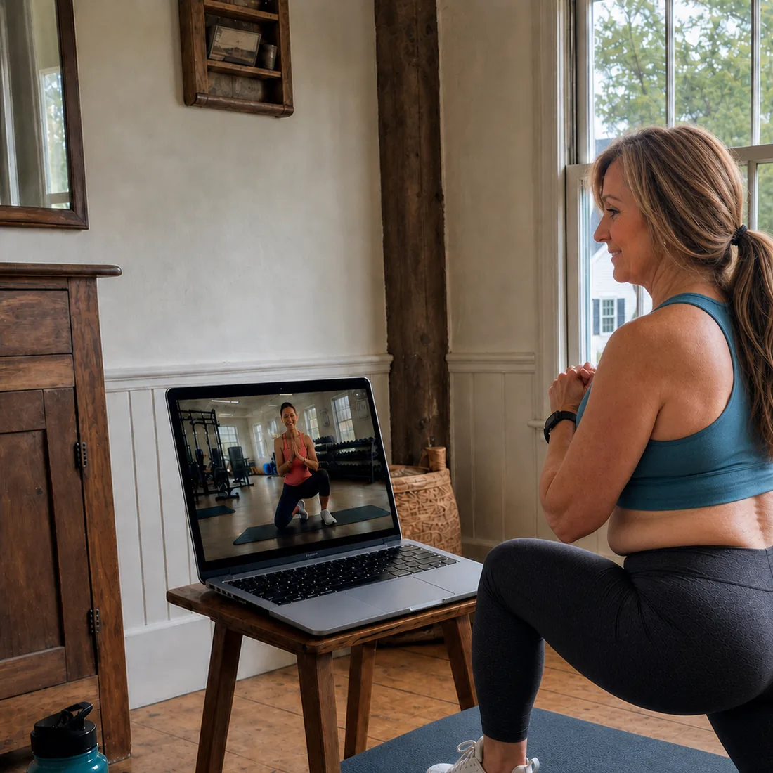 A member training at home, following a coach on a laptop propped up on a stool.