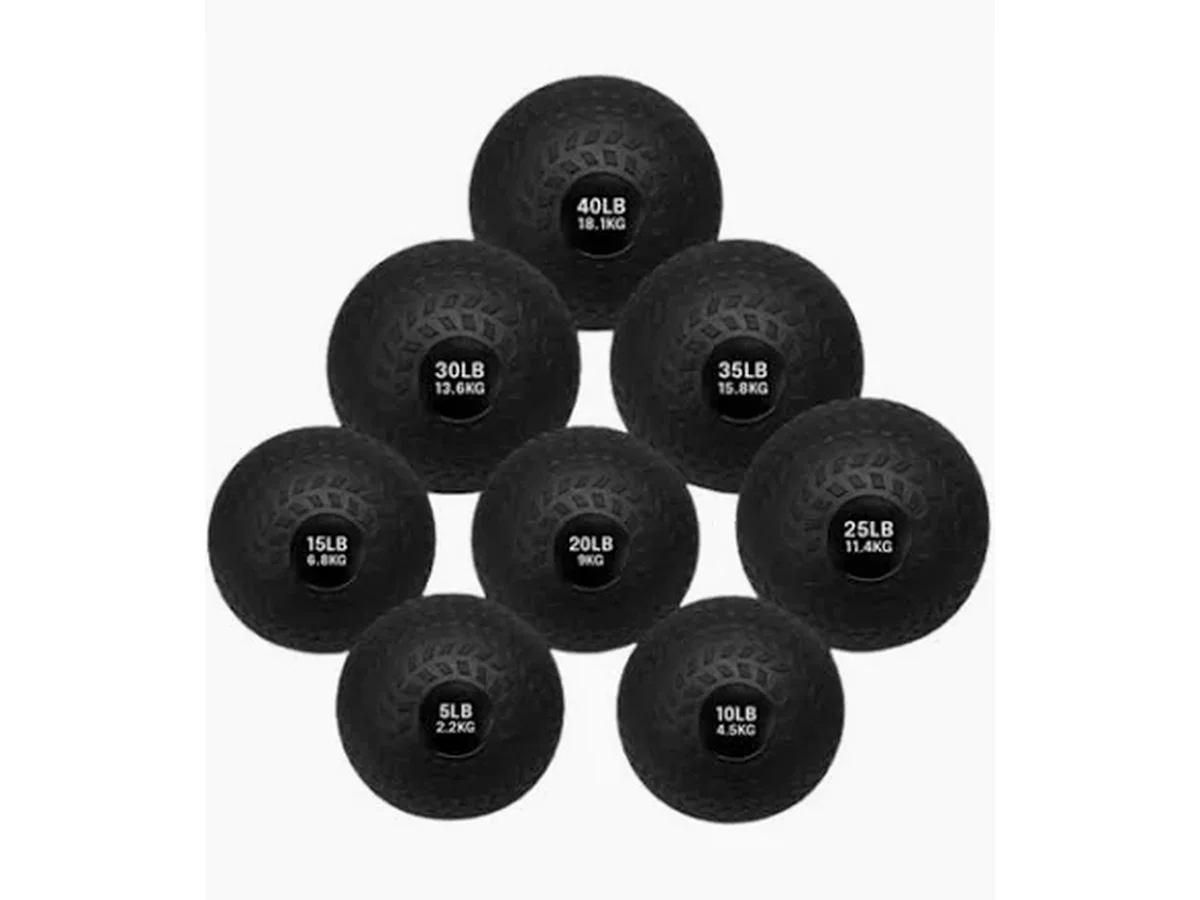 Manufacturer reference photo of eight slam balls arranged by weight, 5 to 40 pounds.