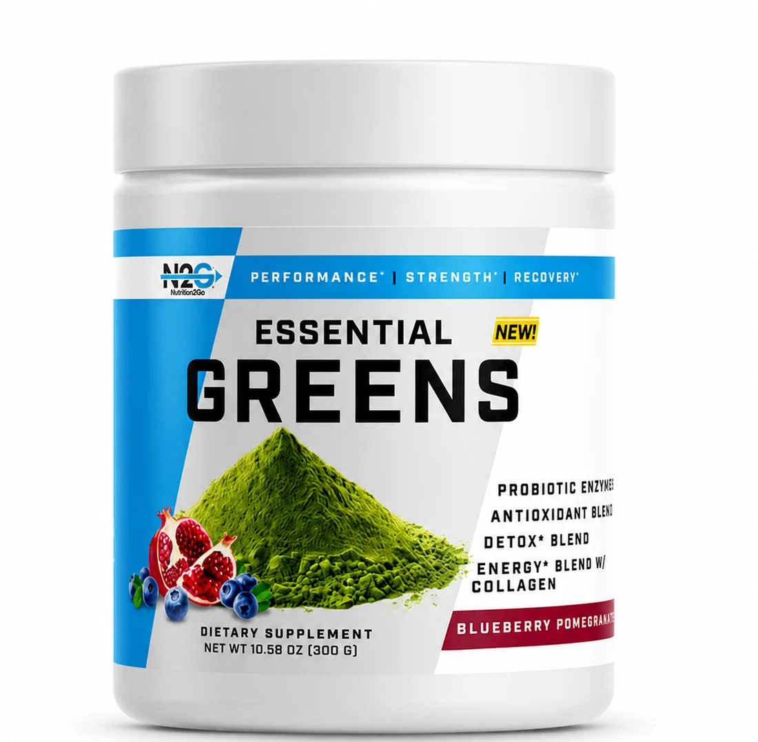 N2G Essential Greens, Blueberry Pomegranate flavor, 10.58 oz tub — probiotic enzymes,
                    antioxidant blend and an energy blend with collagen.