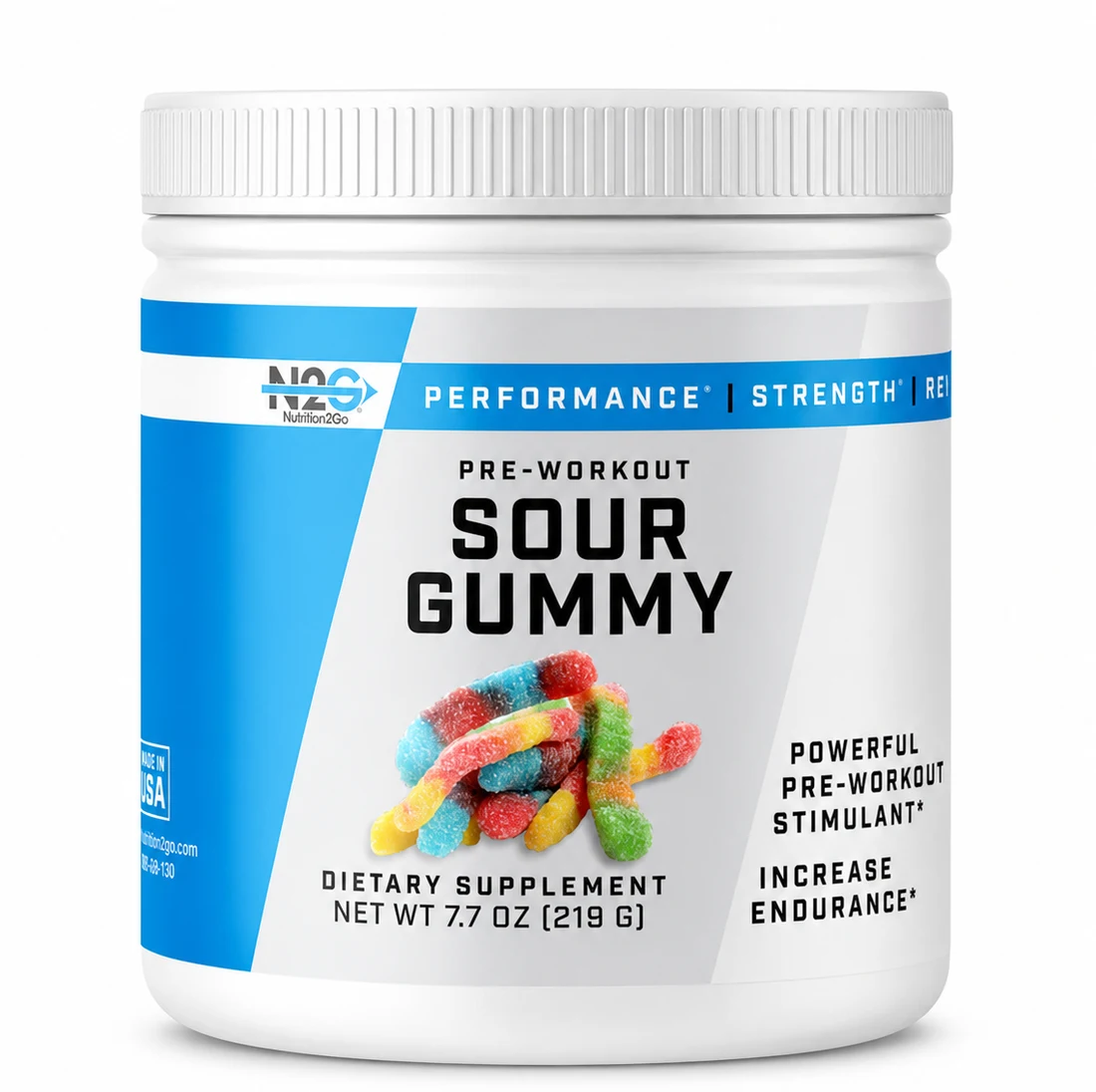 N2G Pre-Workout Sour Gummy, 7.7 oz tub — a gummy-format pre-workout stimulant.