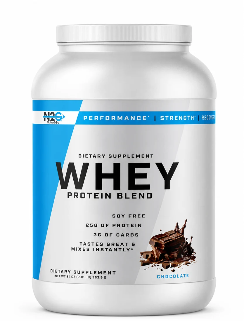 N2G Whey Protein Blend, Chocolate flavor, soy free, 34 oz tub — 25g of protein per serving.